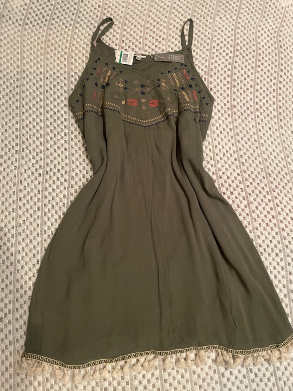 NWT Spence Sage Green Embroidered Tassel Dress Size 10 Boho Cottagecore